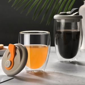 Wasserflasche, Kaffee, Reisetassen-Set, hitzebeständig, doppelwandig, Glas, Bierkrug, Tee, mit Deckel, auslaufsichere transparente Tassen 240115