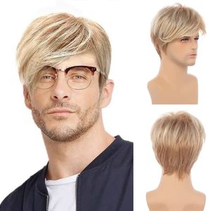 6-Zoll-Perücke für Herren, braun, blond, kurzes Haar, Fransen, Kunstfaser, matte Hochtemperatur-Seide, volle Kopfbedeckung 240115