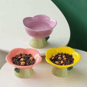 Cute Ceramic Cat Bowl Non-slip Flower Shape High Foot Dogs Puppy Feeder Feeding Food Water Elevated Raised Dish Pet Supplies 240113