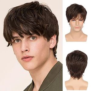 Peruca marrom peruca fofa masculina, cabelo curto e liso, franja longa, capa de cabeça de fibra sintética masculina240115