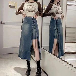 التنانير الطويلة جينز النساء البسيطة الدنيم أنيقة الربيع الصيف الأساسي ضمادة عرضية تقسيم الأنيقة عالية الخصر