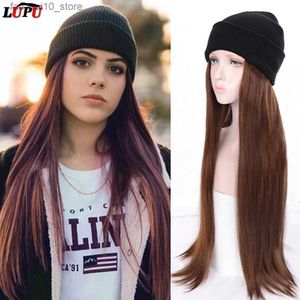 Synthetic Wigs LUPU Long Straight Knitted Hat Hair For Women Black Cap With Naturally Connect Q240115