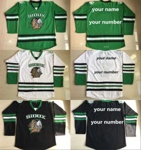 Benutzerdefinierte personalisierte North Dakota Fighting Sioux Hockey-Trikots für Herren, beliebiger Name, beliebige Nummer, grün, weiß, schwarz, Universitätstrikots mit Nähten