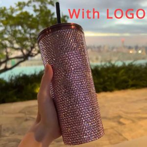 Rhinestone Luxury Water Bottle Rostfritt stål Svartrosa tumlare med lock och halmtermos för drickskokaffel 240115