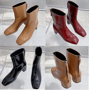 Fashionable square toe thick heel bare boots designer patent leather back zipper Martin boots women's triangular metal buckle leather short boots women's box