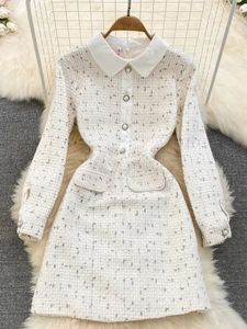 Autumn Winter Vintage Small Fragrant Sweet Tweed Wool Short Dress Women Peter Pan Collar Pearls Buttons A-line Vestidos 240113