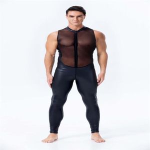 Novo design masculino macacão de couro falso sexy malha estiramento catsuit sem mangas ver através bodysuit masculino zíper virilha aberta clubwear339e
