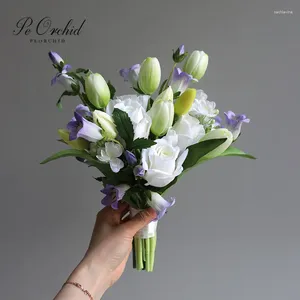 Wedding Flowers PEORCHID Purplr&White Silk Bouquet Ramo De Novia Rustic Greenery Tulip Roses Artificial Faux Boho 2024