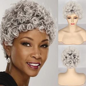 Wig female grey white short curly hair fluffy synthetic chemical fiber matte high temperature silk full head cover240115