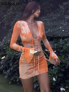 Casual Kleider Drucken V-ausschnitt Bandage Langarm Mini Kleid Für Frauen Sommer Sexy Strand Urlaub Party Club Outfit Damen Sommerkleid