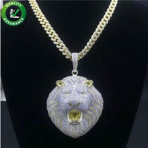 Veri gioielli in oro 14k da uomo ghiacciati con grande testa di leone con catena a maglia cubana Collana Hip Hop Rapper Accessori moda224i