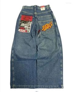 Kvinnors jeans American Street Hip Hop Personlighet Harajuku Hög midja Jean Kvinnor ljusblå rak breda benbyxor geometriska mönster