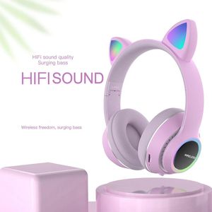 Earphones LED Glitter Cute Cat Ear Headphones Bluetooth Headset V5.0 Microphone Wireless Earbuds Foldable Stereo Girl Kids Wired Earphone