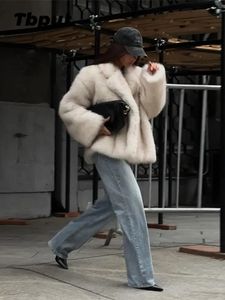 Varm faux päls mink tjockare varm kappa kvinnor lapel krage långärmad kvinnlig jacka hösten vinter mode lady streetwear 240124