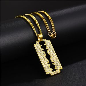 Hip Hop Fashion Women Men18k rhinestone Gold Nightclub Blade Plated Bar Pendants Necklaces Rap Blade 75cm Long Popcorn Chain277r