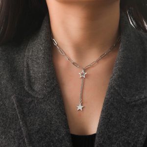 14K White Gold Paperclip Chain Necklace Choker Tassel Star Pendant Necklaces Kpop Jewelry 2024 Birthday Gift for Women