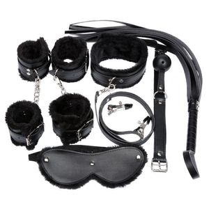 Mulheres traje conjunto 7 pçs conjunto sexy couro do plutônio de pelúcia fetiche sexo bondage roupa interior erótica com algemas grampos de mamilo mordaça chicote231o