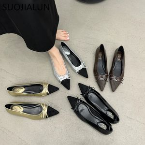 Suojialun 2024 Spring Women Flat Shoes Fashion Mix Color Ladies Elegant Ballet Shoes Pointed Toe Bow-Knot Dress Ballerinas S 240115