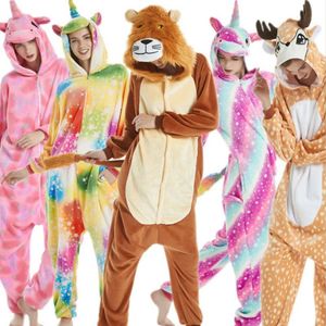 Фланелевая пижама кигуруми для взрослых, единорог, лев, пятнистый олень, лиса, унисекс, комбинезон, костюм для Хэллоуина, карнавала, новогодней вечеринки214j