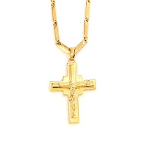 Men's Cross Pendant 18 k Solid Fine Yellow Gold GF Charms Lines Necklace Christian Jewelry Factory God gift238z