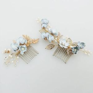 Headpieces Charming Blue Flower Hair Comb Bridal Pins Pearls Handmade Wedding Jewelry Hair Vine Accessories Women Headpiece