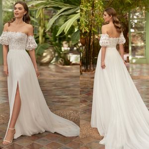 Bohémien A Line Wedding Dress Off spalla Short Short Short Bridal Cuci da sposa Appliques in pizzo Boho Bride Dress