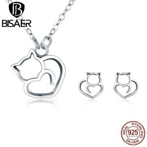 Necklaces Authentic 100% Sterling Sier Heart Shape Cute Cat Necklace & Earrings Jewelry Set Women Girl Sterling Sier Jewelry