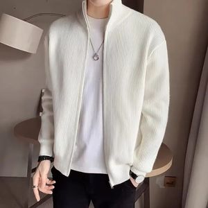 Homens outono moda gola alta com zíper suéteres vintage camisola cardigan fino ajuste manga longa cor sólida casaco de malha 240115