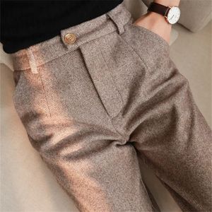 Herringbone harem calças femininas de lã lápis calças outono e inverno cintura alta senhora do escritório casual terno calças vestido 240113