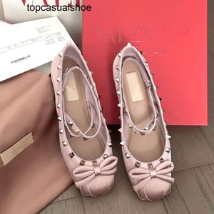 Valenttino with flats Satin ballerinas tone-on-tone studs Fairy Ballet Ballet Shoes Bow Rivet Silk Satin Round Head Flat Casual Shoes shoes L61CE