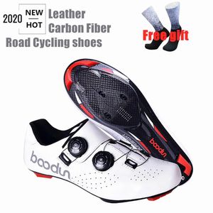 Calçados Boodun Road Cycling Shoes Couro Fibra de Carbono Ultraleve Selflocking Sapatos Profissional Racing Road Bike Bicicleta Sapatilhas