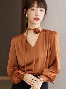 Женские блузки с цветочным воротником, рубашка из ацетатного атласа, плиссированная в корейском стиле, свободный ниспадающий топ, элегантная высококачественная блузка с V-образным вырезом