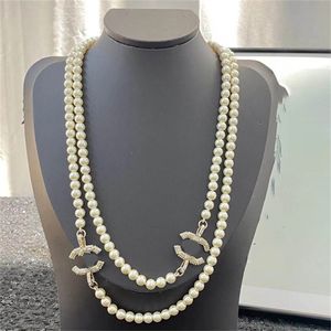 Designer Pendant Necklaces Double Letter C Gold Crysatl Pearl Rhinestone Sweater Necklace Women Wedding Party Cclies Jewerlry 4352