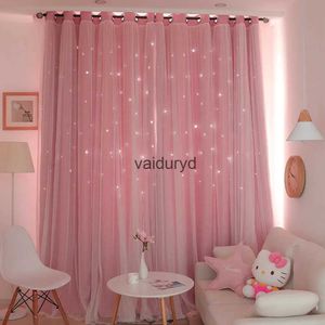 カーテンダブルレイヤースターブラックアウトカーテン子供用ピンクのタルリビングルームの女の子の寝室の窓のトリートメントのための薄いカーテン