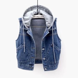 Denim Vest Womens Spring Autumn Clothes Sleeveless Wild Tops Short Hooded Jacket Women Jeans Female 240115