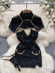 Work Dresses SINGREINY Female Uniform Porn Suits Sexuality Women Pocket Buttons Split Mini Dress Thongs Cosplay Erotic Sexy Nightsuit