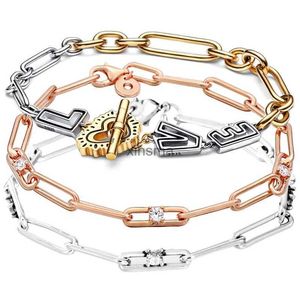 Kedja verklig två-ton kärleksbrev hjärta rose länk kedja stenar armband 925 sterling silver armband passar europa pärla charm diy smycken yq240115