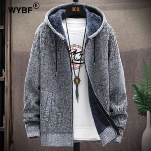 Mens Winter Knitted Sweater Print Korean Fashion Clothes Knitwears Clothing Cardigan Hood With Plush And Thickened Fleece 240113