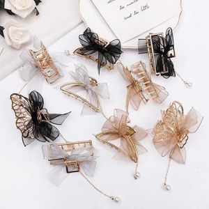 Pannband 2022New Bow Ribbon Pearl Pendant Tassel Hair Claws Hårtillbehör Metal Grab Clip Hair Clip Shark Clip på baksidan av Headl2401015