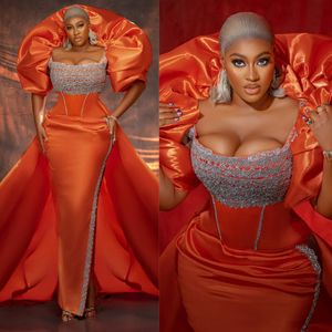 Orange Aso Ebi Prom Dresses for Black Women Mermaid Square Sexy High Split Formal Lace Beaded Evening Birthday Party Dress Second Reception Gowns ST793