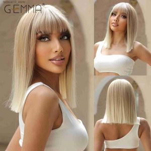 Synthetic Wigs GEMMA Synthetic Blonde Bone Straight Wig with Bangs Shoulder Long Ash Blonde Ombre Cosplay Wigs for Black Women Heat Resistant Q240115