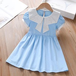 Mädchen Kleider Mode Kind Baby Mädchen Sommer Kleid Drehen Unten Kragen Perle Bogen Baumwolle Vestidos 2024 Trend Kinder Kleidung