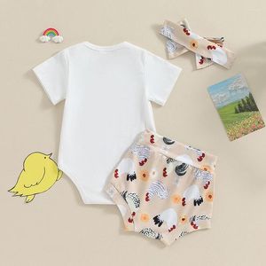 Giyim Setleri Wankitoi Bebek Bebek Kız Çiftlik Kıyafetleri Mektup Baskı Kısa Kollu T-Shirt Romper Chick Şort Head Band 3pcs Yaz Giysileri