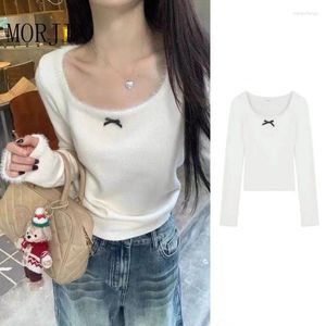 Koszulka damska T -Bow Shirt For Women Spring Slim Crop Top Korean Velvet Long Rleeve Tees Y2K Solid Ladies Tshirts Femme Ubranie Słodka impreza