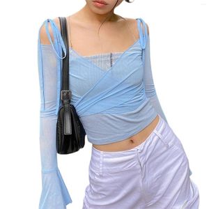 Blusas femininas musuos sexy senhoras transparente malha colheita topo sólido decote em v rendas bandagem fora do ombro camisa de manga longa blusa feminina