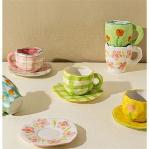 Pink Hand-painted Flower Ceramic Coffee Cup Saucer Set Home Office Cute Mug Breakfast Milk Juice Tea Cup With Handle Gift 240113