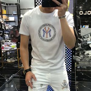 2024 Summer Internet Celebrity Personality Trend European Station Heavy Craft Letter Hot Diamond Slim Fit Round Neck Short Sleeved T-shirt for Men