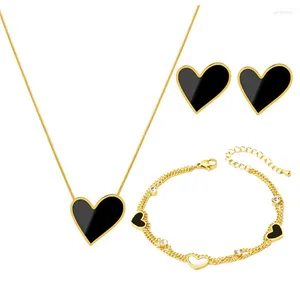 Collana di orecchini set acciaio inossidabile 316L tendenza nero grande cuore multistrato cristallo zircone braccialetto orecchino gioielli da sposa boemia