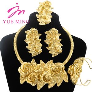 YM Gold Color Jewelry Set For Women Dubai African Wedding Bridal Necklace Copper Earrings Adjustable Ring Ethiopia Flower Bangle 240115