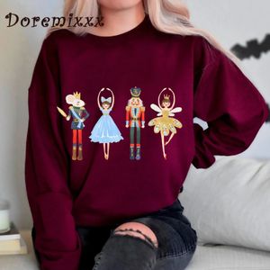 Kvinnor Lossa Oneck Nutcracker Sweatshirt Bomull Långärmad avslappnad kvinnlig enkla tröjor Sugar Plum Fairy Hoodies Christmas 240115